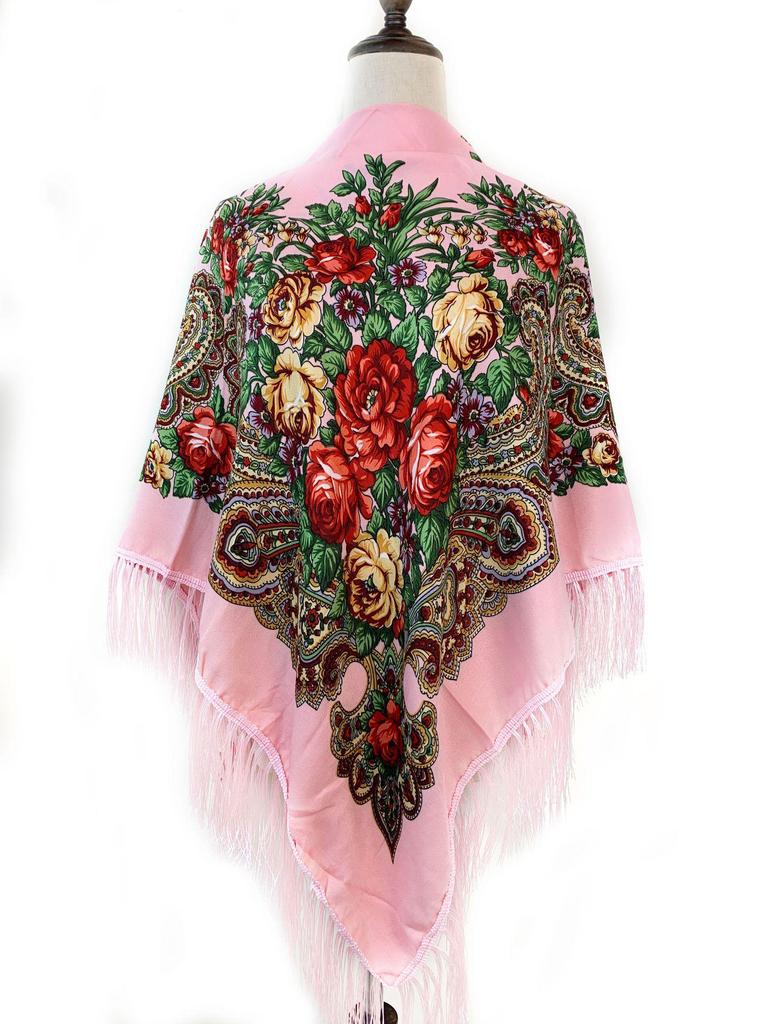 Ethnic Style Peony Tassel Shawl: Cotton Headscarf for Women - Warm Autumn/Winter Square Scarf & Sunscreen