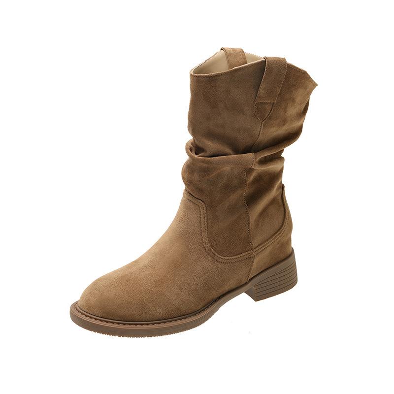 Ретро плиссированные ботинки на толстом каблуке женские короткие ботинки 2025 новые осенние Мартин тонкие ботинки V-образный вырез тонкие ботинки-рыцари