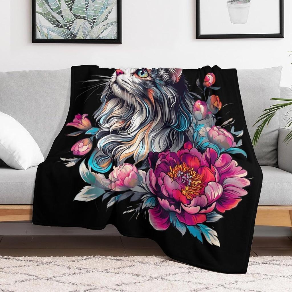 1PC Boho Cute Cat Flower pattern Throw Thin Fashion Blanket Pop arts Gifts for Couch Bed Car Home for Flowers Leaf Lovers all season use