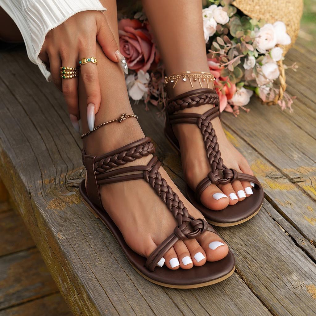 Fashion Fashion Weaving Roman Sandals for Women 2025 Summer New T-Strap Flat Sandles Woman Plus Size Comfort Non Slip Beach Shoes Ladies