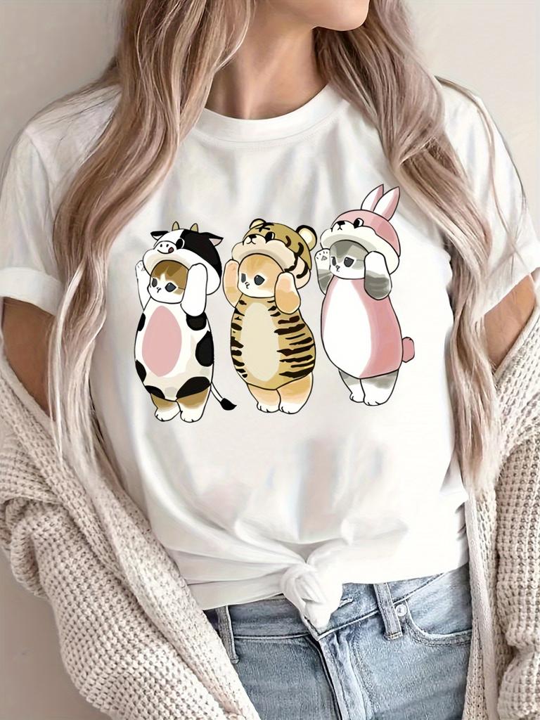 Женская милая футболка с коротким рукавом с мультяшным принтом животных, повседневного и спортивного дизайна, с очаровательным графическим изображением кошки, собаки, кролика и медведя