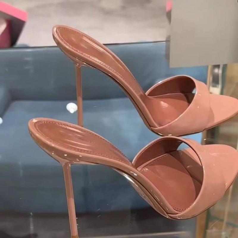 Лето Новая Патентная Кожа Открытый Носок Набор Стопы Нескользящие Износостойкие Шлепанцы Женские Сексуальные Острые На Одной Линии Высокие Каблуки