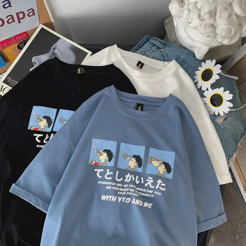 Женская футболка свободного кроя с рисунком из японского мультфильма, лето 2021 г.