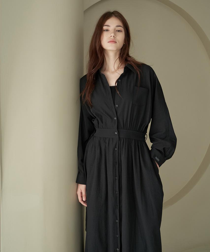 Dijainowol Collar Shirred Long Maxi Dress_Black
