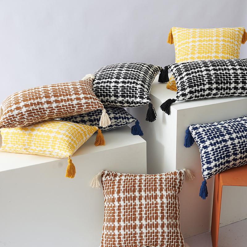 Двухцветная тканая подушка в гусиную лапку Полиэстер-хлопок Кисточка Двусторонняя Офисная Модная в стиле Инс Диванная подушка Чехол для подушки
