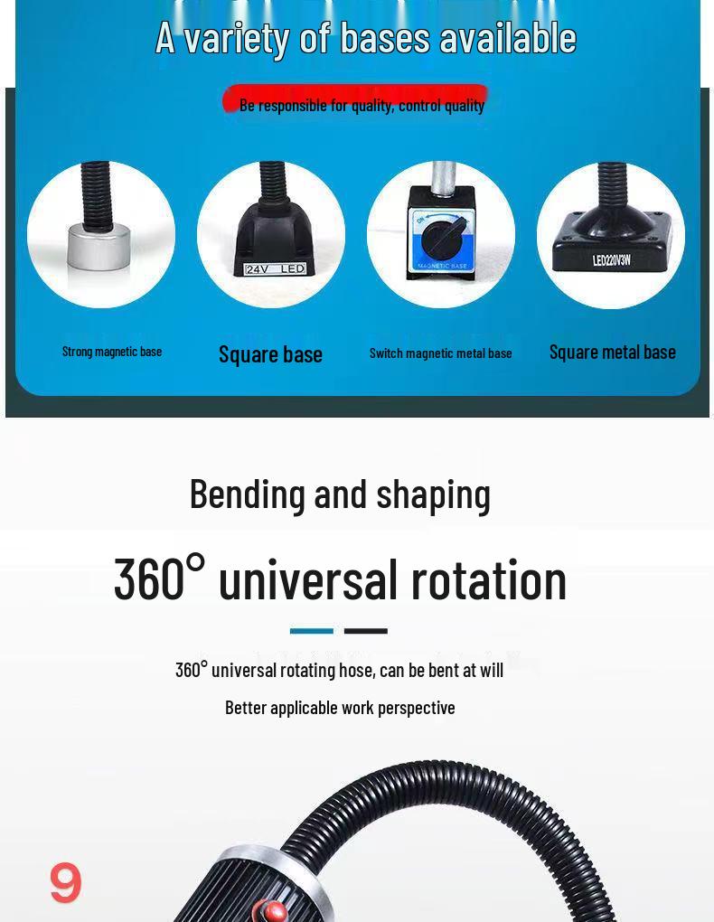 Светодиодный рабочий свет для станка с гибким шлангом и магнитным квадратным основанием для токарного станка и шитья.