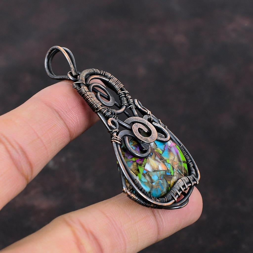 Кулон с бирюзой Кингман, обернутый медной проволокой, кулон с драгоценным камнем, многослойный кулон из меди и бирюзы, удивительные медные украшения, кулон ручной работы