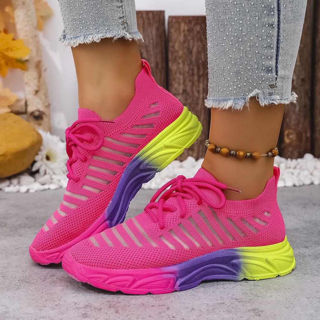 Fashion Women Sneakers Knitted Mesh Breathable Fashion Sneakers Lightweight Lace Up Trendy Walking Flat Shoes Women Zapatos De Mujer