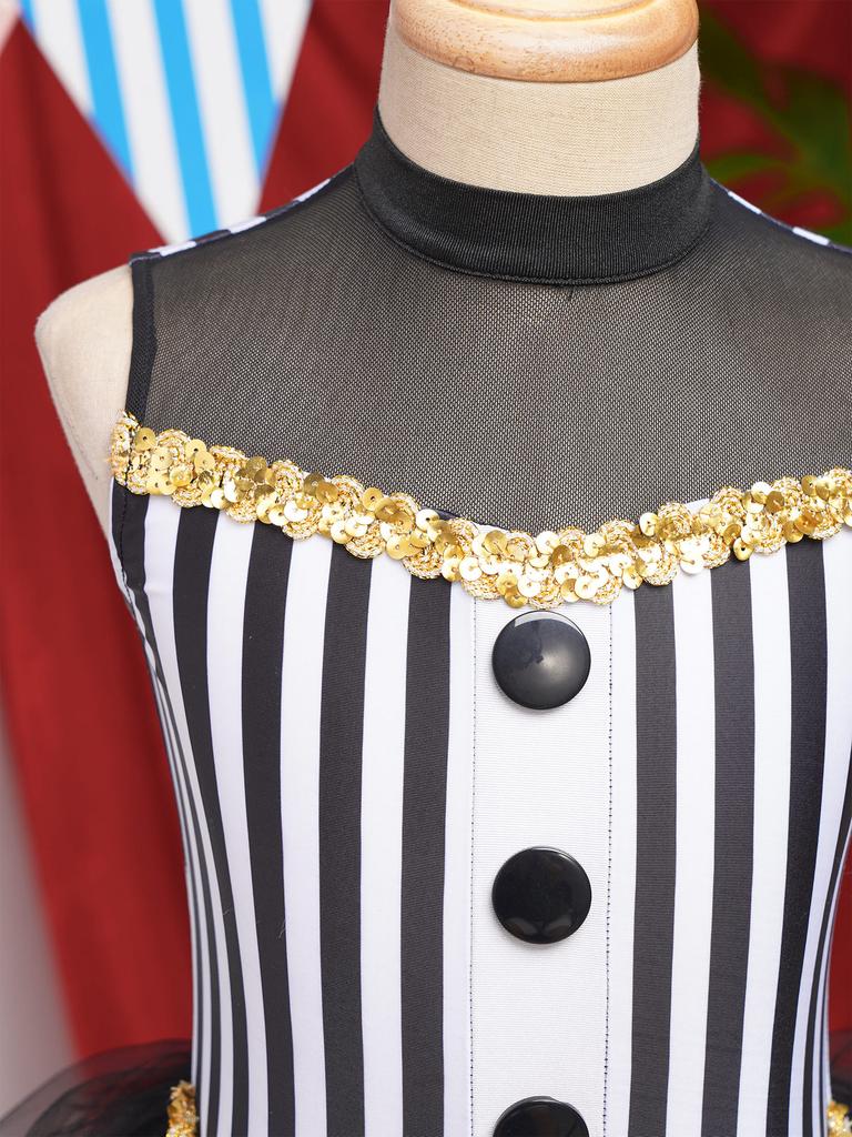 Kids Girls Sparkly Latin Dance Outfit Striped Leotard Mock Neck Open Back Design and Tulle Skirt Performance Wear