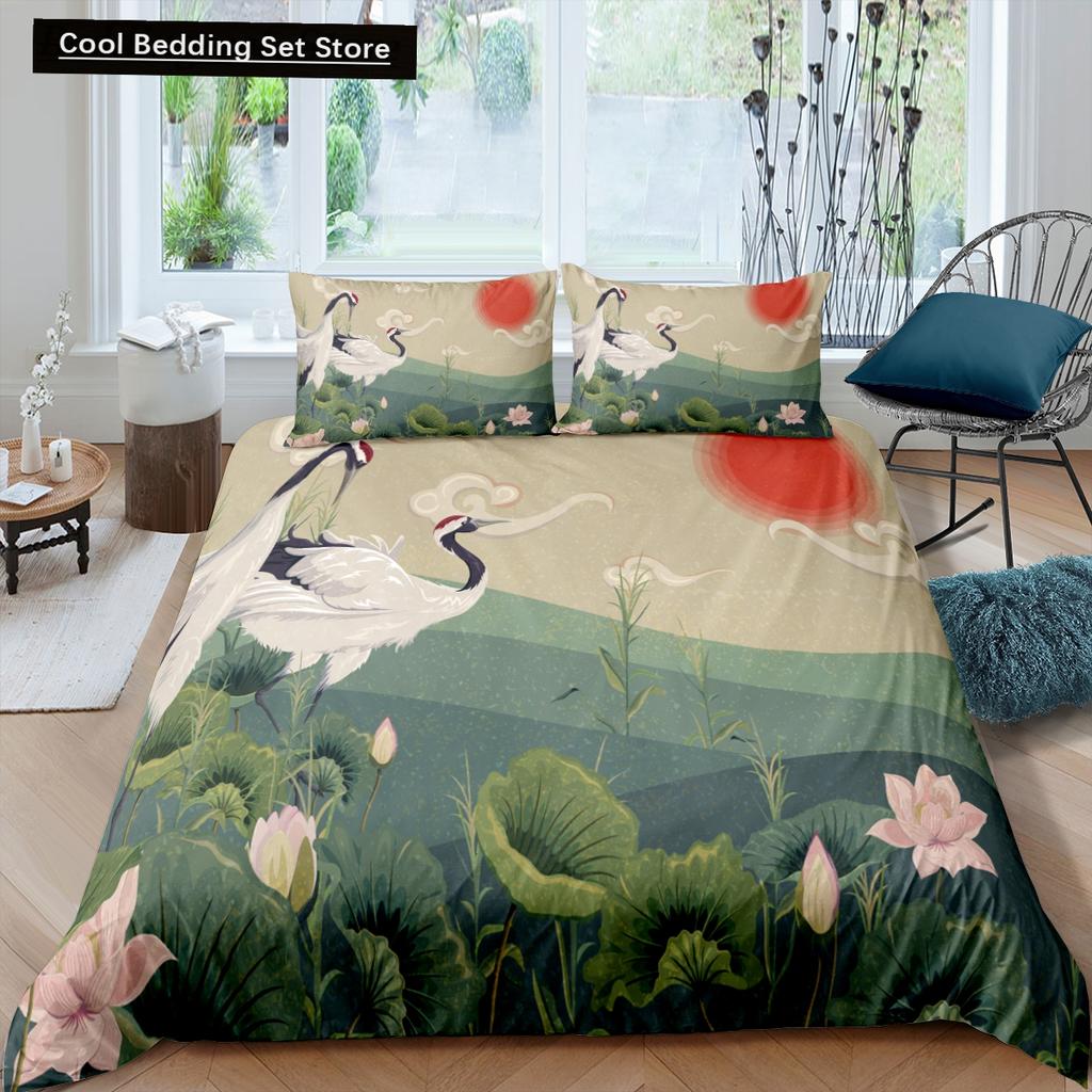Пододеяльник с японским журавлем King Queen Size Wave Flower Ukiyo-e Style Комплект постельного белья Восточная культура 2/3 шт. Полиэстеровый пододеяльник