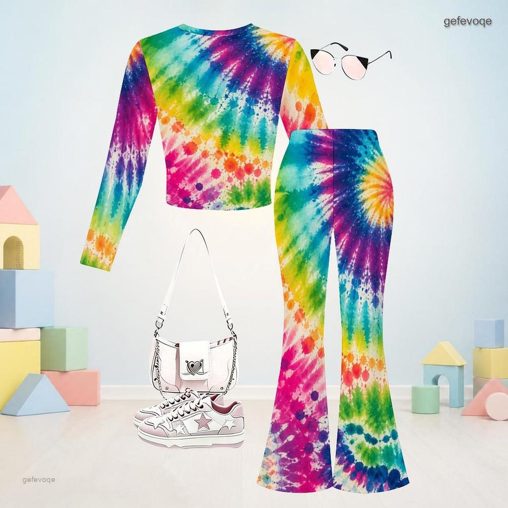 Girls Round Neck Long Sleeve Printed Crop Top Flared Pants Two Piece Set