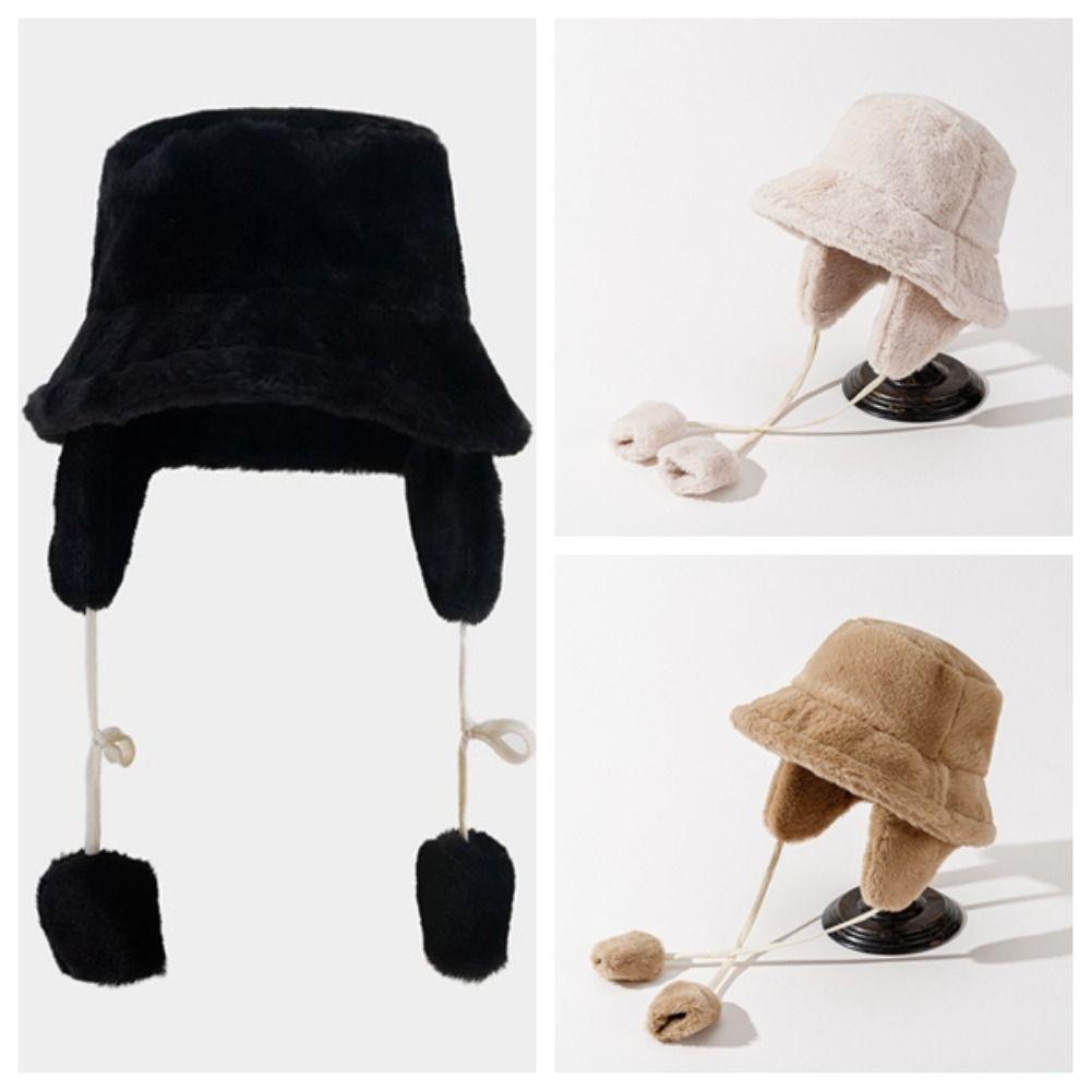 Solid Color Winter Fisherman Hat Anti-cold Plush Bucket Cap Ushanka Plush Panama Hat Outdoor