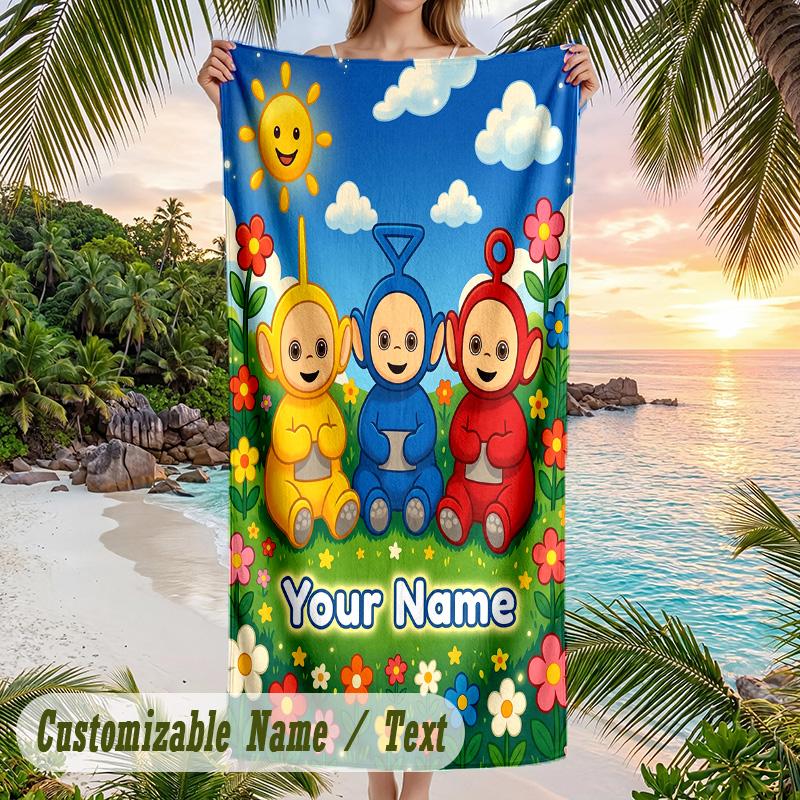 Teletubbies Beach Towel, Personalized Custom Text, Quick Dry Soft Large Towel For Swimming Pool Travel