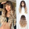 Synthetic Long Wavy Wigs Mixed Brown Blonde Wigs With Bangs Extensions Natural Wigs For Women Daily Party