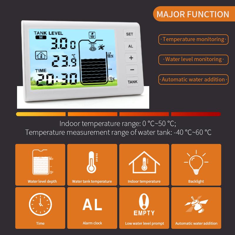 Wireless Digital Ultrasonic Level Gauge Water Liquid Tank Depth Temperature Monitor Solar Powered Container Control Alarm Clock