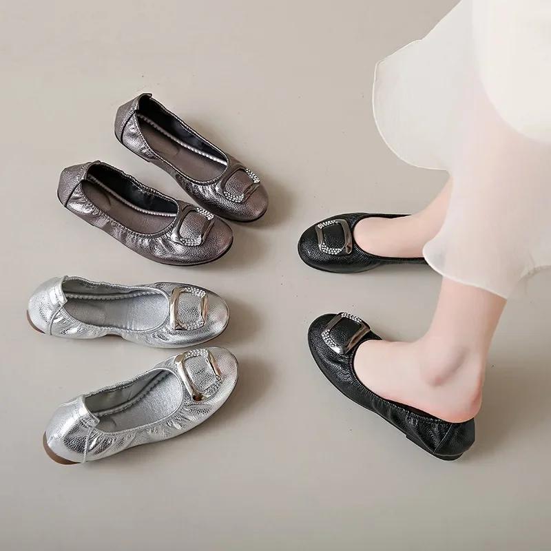 Элегантная удобная женская обувь без шнуровки 2024, новые кожаные женские туфли на плоской подошве с круглым носком, женские летние женские лоферы ручной работы на плоской подошве