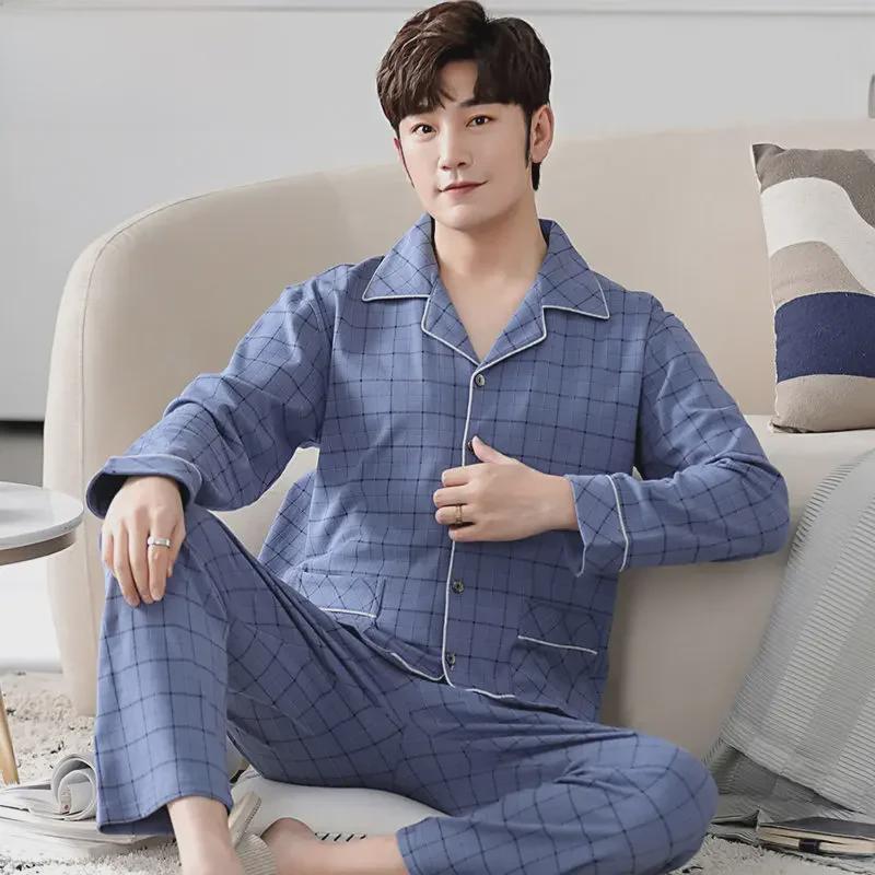 Мужская пижама-кардиган с лацканами, 100% хлопок, длинный рукав, на весну, лето и осень, размеры до 5XL