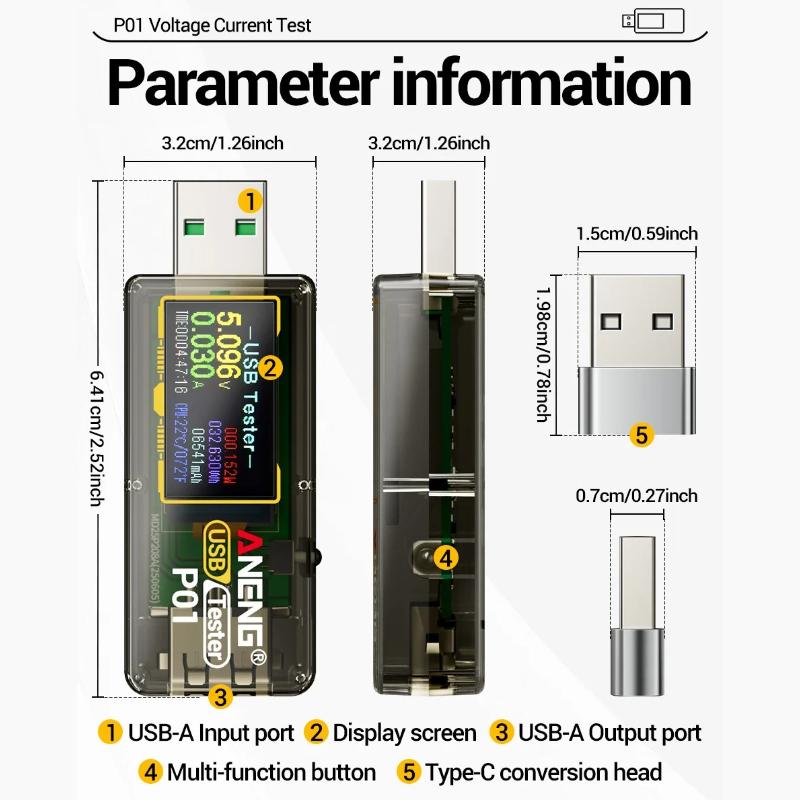 Портативный тестер ANENG P01 USB Type C Цифровой дисплей Вольтметр Амперметр Измеритель мощности DC 4V 32V 0-6A Высокая точность Тестирование емкости зарядного устройства для мобильного телефона