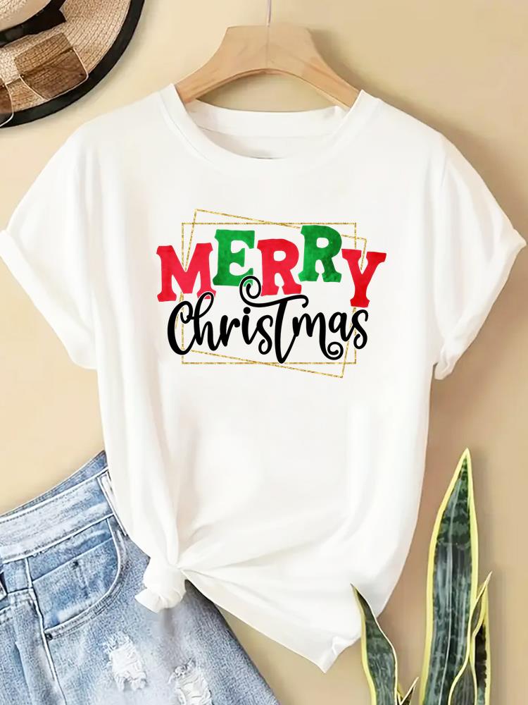 (Asian Size) New Year T Clothing Short Sleeve T-shirts Print Merry Christmas Letter 90s Trend Cute O-neck Women's Top Fashion Holiday Graphic Tee