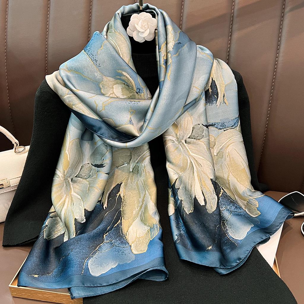 Chinese style lotus simulation silk scarf spring and summer versatile temperament silk scarf summer sunscreen shawl gift for elders