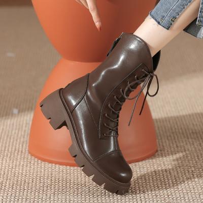 Ботинки Женские кожаные ботинки Британские короткие ботинки Ботинки с застежкой-молнией сзади