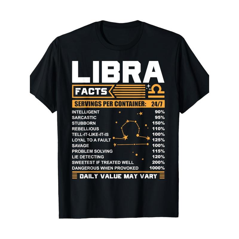 LIBRA Zodiac Facts Graphic T-Shirt - Black Tee with Striking White & Yellow Text, Showcases Intelligent & Sarcastic Traits, Includes Libra