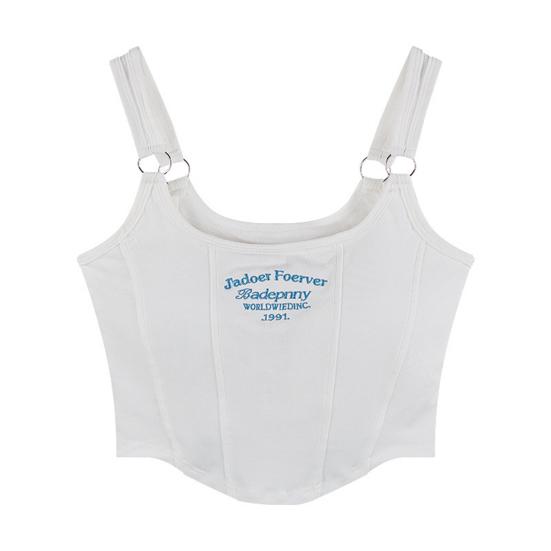 Women Summer Camisole Letter Embroidery Backless Stretchy Solid Color Sleeveless Short Dating Club Prty