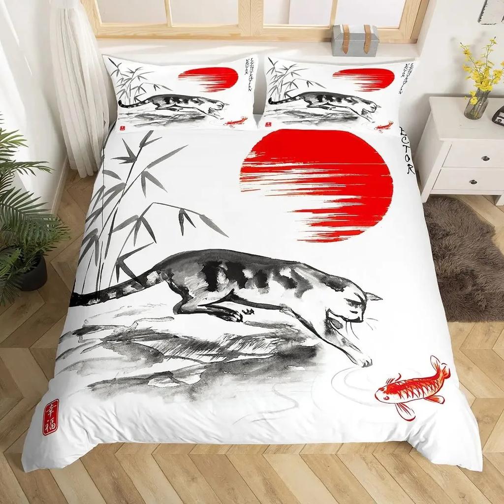Koi Fish Duvet Cover Set Carp Tie Dye Bedding Sets Traditional Chinese Ink Art Bedspread Lotus Leaf Nature Quilt Cover Full Size