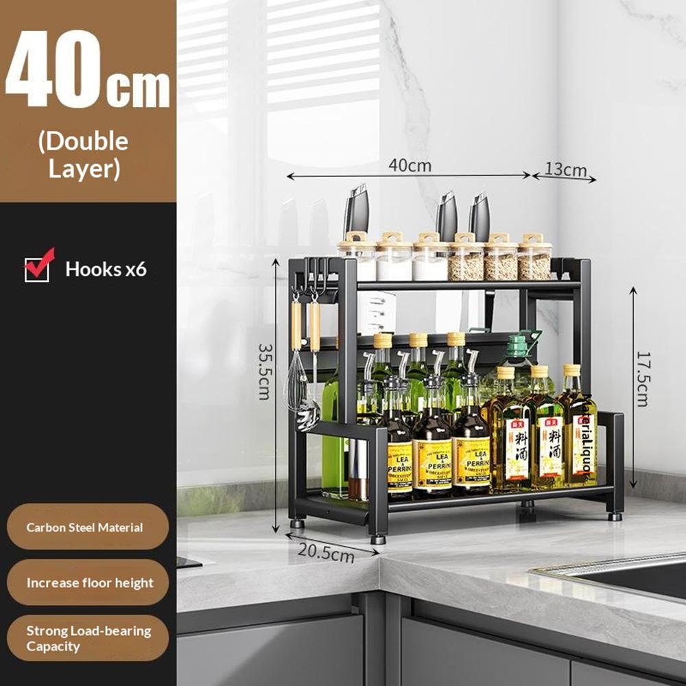 Carbon Steel 40cm Kitchen Storage Rack 2 Layer Seasoning Organizer Countertop Knife Shelf with Hook