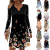 Women's Long-sleeved Casual Midi Dresses V-Neck Print Casual Dress