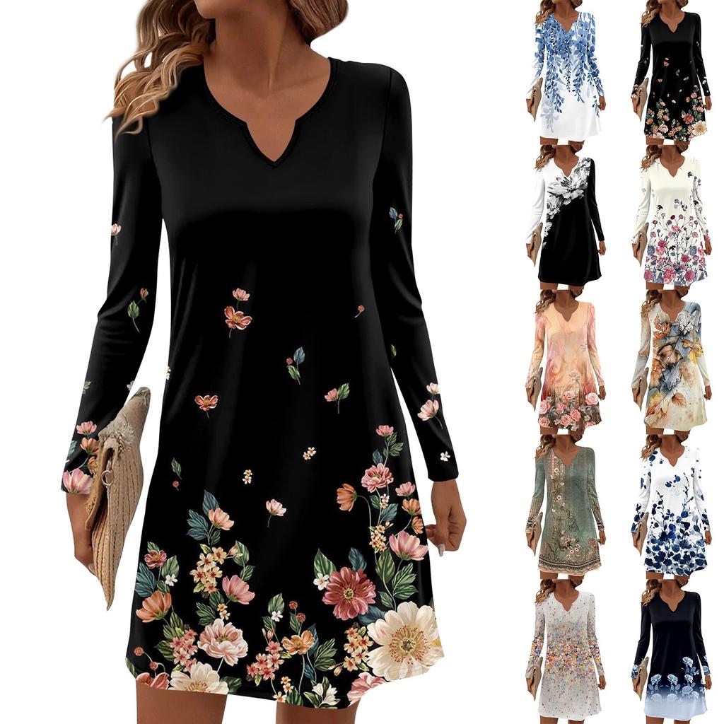 Women's Long-sleeved Casual Midi Dresses V-Neck Print Casual Dress