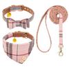 BINGPET Dog Collar Bandana Lead Set Dog Collar with Bell Dog Lead Basic Collar Check Adjustable Leather Soft Cute Stylish Ultra Light Breathable