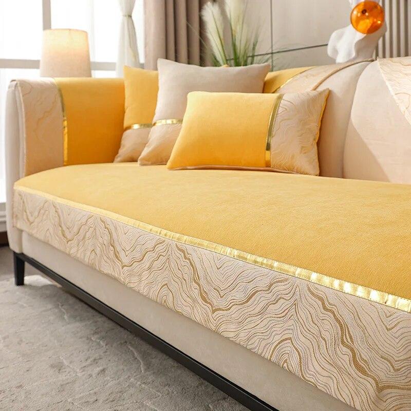 Chenille Sofa Cushion Two-Colour Splicing Sofa Cushion Non-Slip Four Seasons Universal Jacquard Gold Thread Edge Sofa Cushion