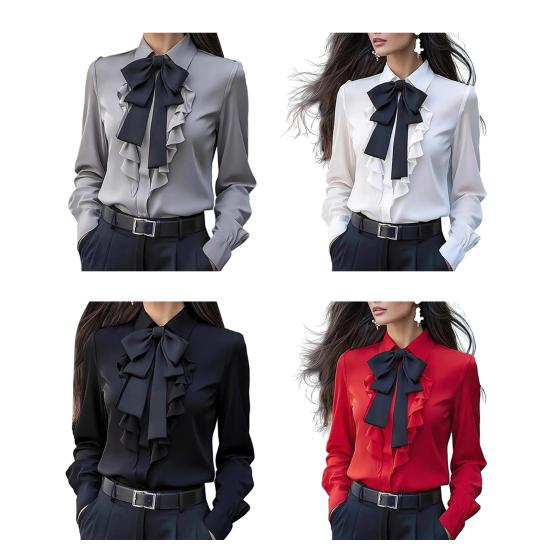 Осенняя женская рубашка с лацканами, бантом и оборками, с длинным рукавом, топы, застежка на пуговицы, универсальная посадка, рубашка для повседневной носки