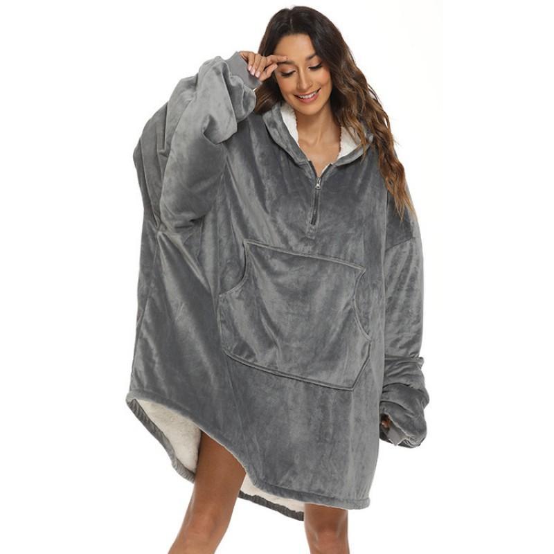 Grey Thick Double-Layer Hooded Lazy Sweatshirt Blanket Women Soft Warm Loungewear