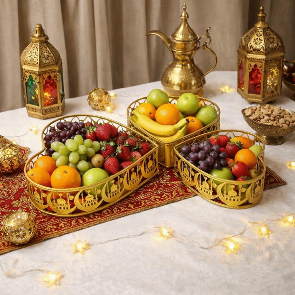 3Pcs Gold Color Ramadan Festival Art Tray Elegant Eid Candy Dish  Islamic Holidays