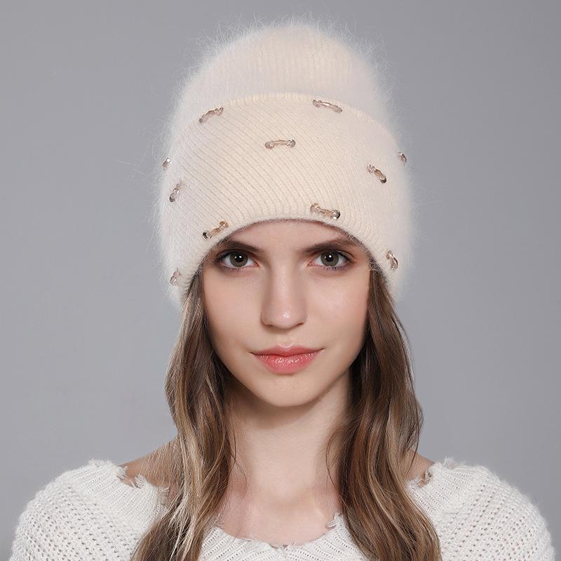 Зимний теплый шерстяной универсальный женский пуловер с двойным сложением и кроличьей шерстью, вязаная шапка с клапаном