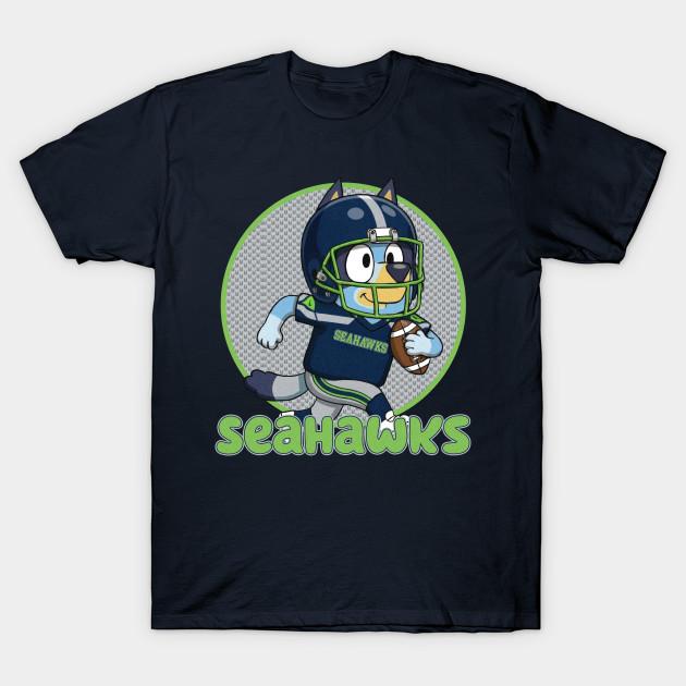 Asian Size Men Black Print T-shirt Seattle Seahawks Bluey Cartoon Football Inspired M11217 No-Cut Heat Transfer Print Cotton Tshirt