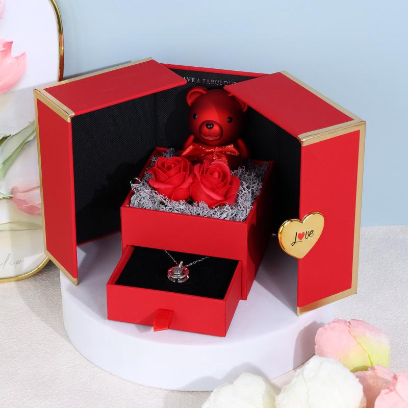 Подарочная коробка «Маленький медвежонок» с двойными дверцами: Сохраненная роза и ящик для украшений на дни рождения и День святого Валентина