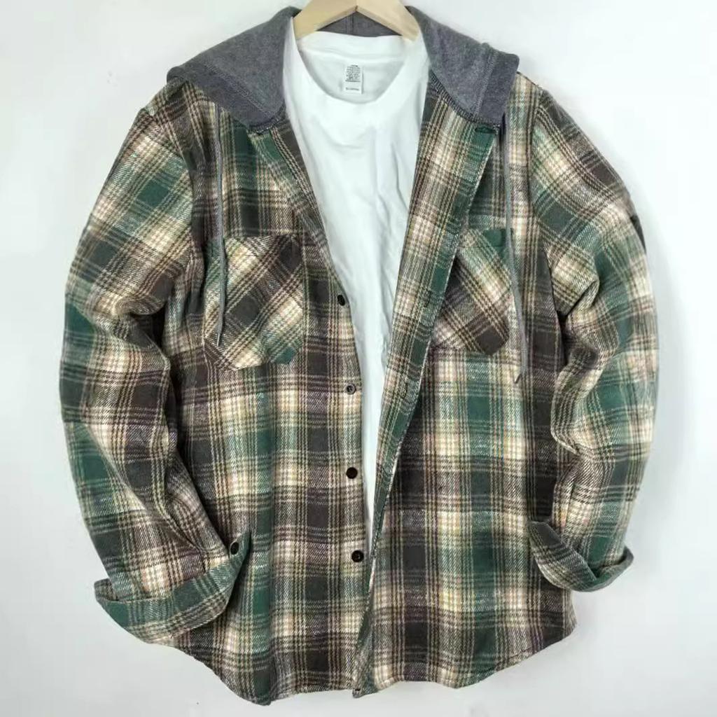Men's Striped Plaid Casual Loose Button Lapel Long Sleeve Hooded Cardigan Shirt Jacket