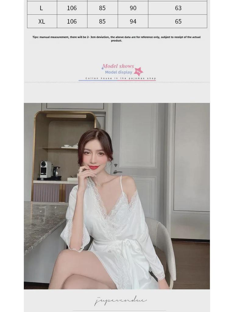 Lace Hollow Temptation Ice Silk Suspender Nightdress & Robe Set with Chest Pad