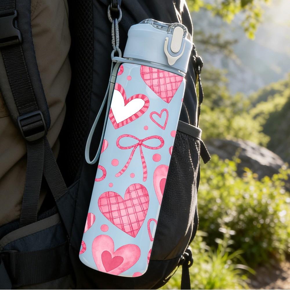 1PC Pink Heart Love Seamless Print 750ml Color Plastic Sports Water Bottle Leakproof Flip Straw Lid Suitable for Sports Office Home Use