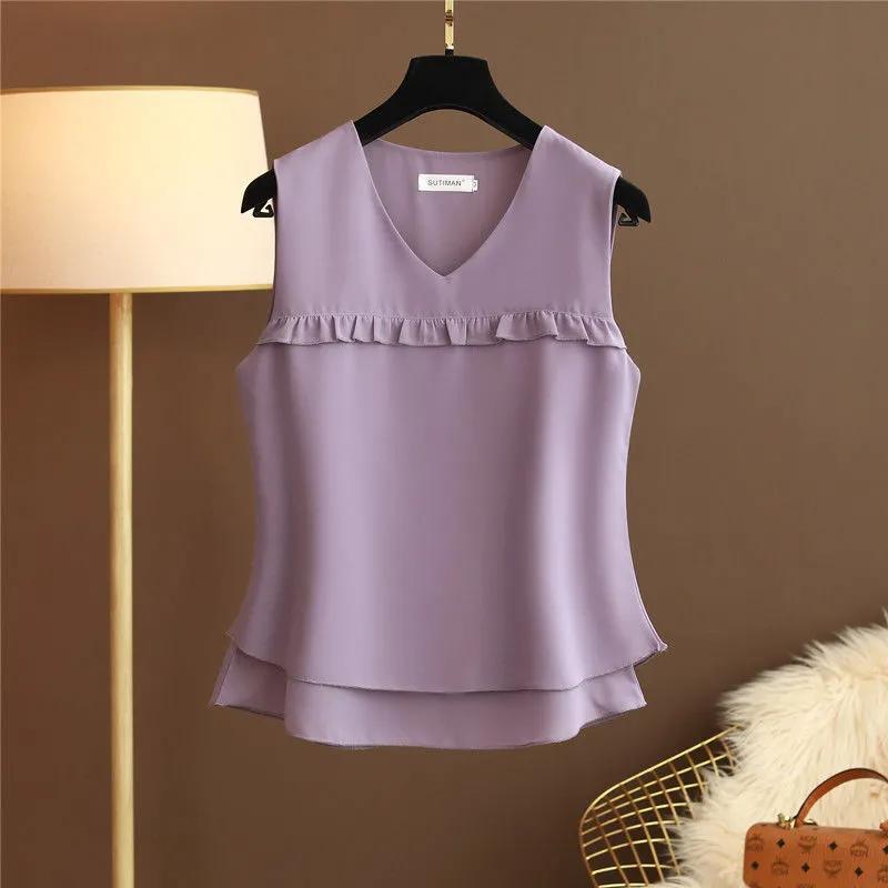 Женский летний топ-майка без рукавов с V-образным вырезом, большой размер, свободный, с затенением живота, тонкий шифоновый топ