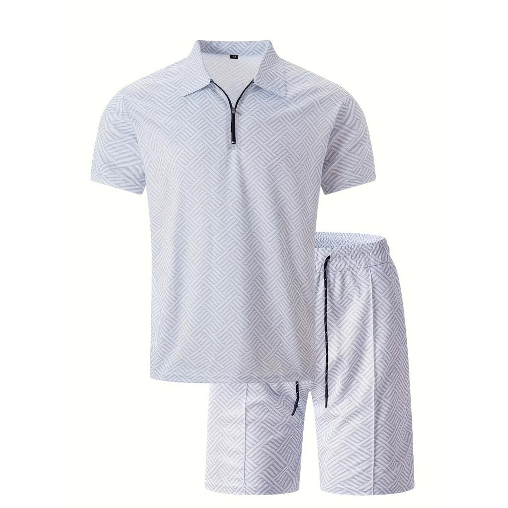 Мужской повседневный костюм с тропическим принтом - черная рубашка с коротким рукавом на молнии и белые шорты с карманами, полиэстер, машинная стирка