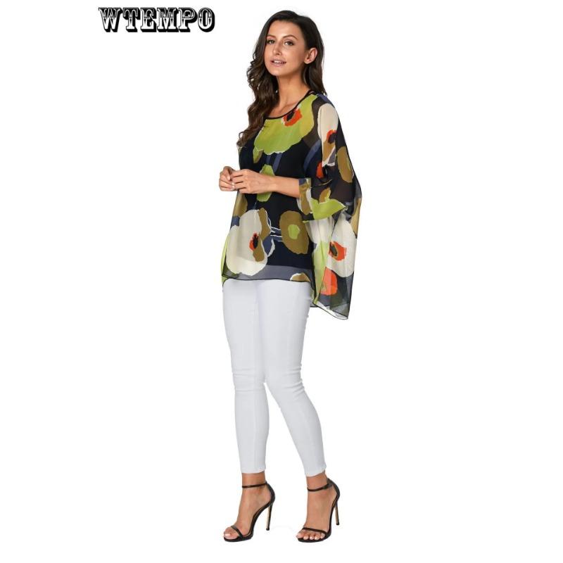 WTEMPO Женская летняя рубашка с цветочным принтом и рукавами «летучая мышь», топ, шифоновое пончо, повседневная свободная блузка