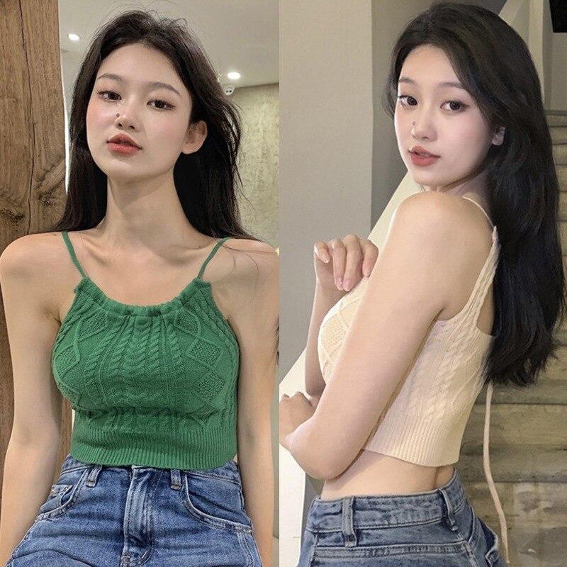 Woman Sling Short Vest Knitted Sleeveless V-Neck Hollow Out Slim Vests Summer Female Elastic Fashion Backless Tank Top