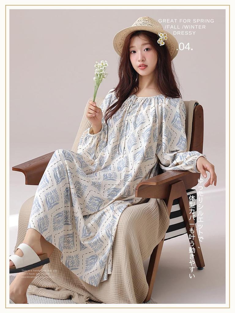 MilaCorinna Пижама Лента Круглый реглан Длинный Свободный Большие размеры Простой Подарок для Женщин Платье натягивающееся, Завязка, Вырез, Рукава, Рукава, Мягкий, Легкий,