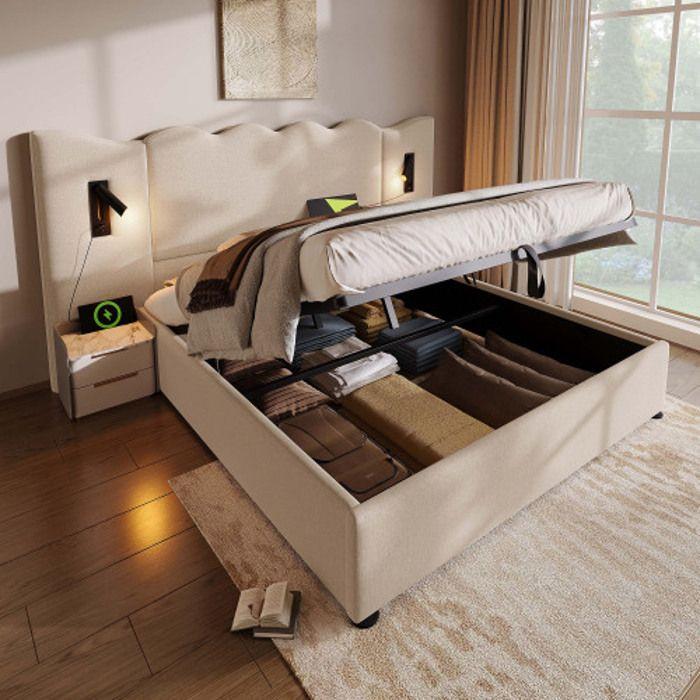 Lit double 180x200 - MUVOE - Beige - Liseuse pivotante - Chargeur USB-C - Bois massif