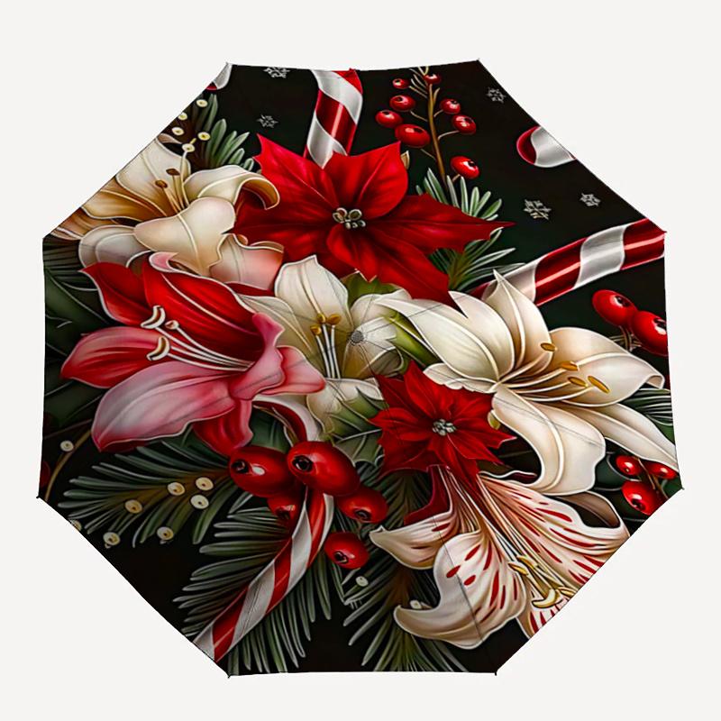 1pc Christmas Candy and Flowers Pattern Automatic Umbrella is Fashionable and Good-Looking, a Portable 3-Fold Umbrella, Suitable for Travel and Daily