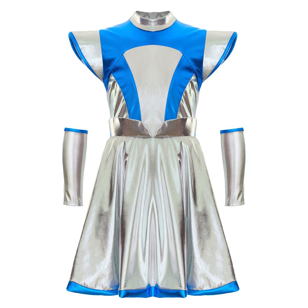 Girls Alien Cosplay Costume - Shimmering PU Patchwork Dress with Cap Sleeve & Arm Sleeve for Halloween Party